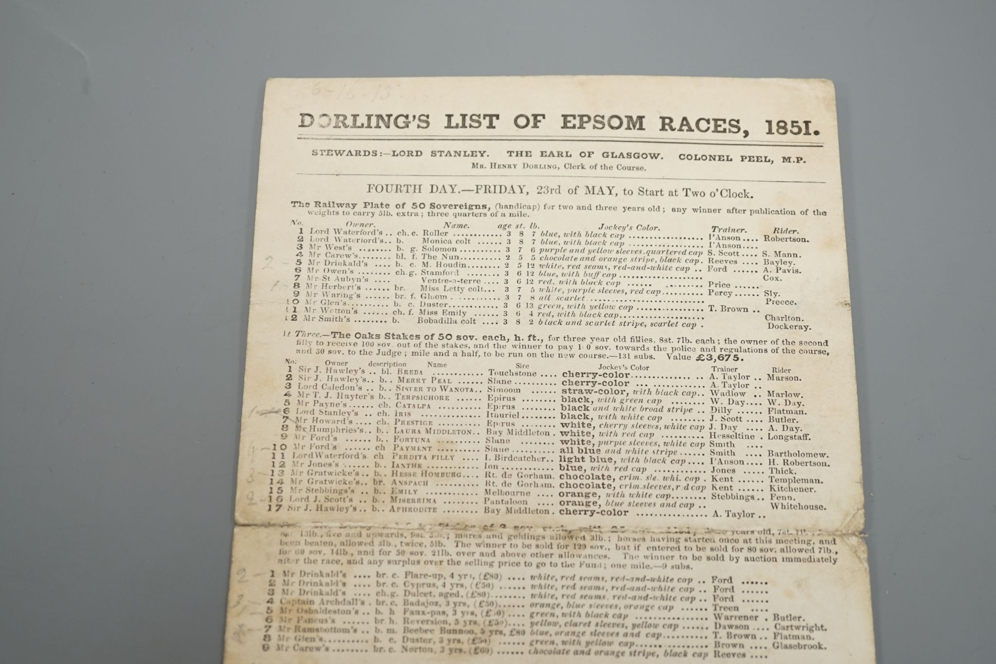 Dorling’s list of Epsom Races, 1851, Race card dated Friday 23rd May 1851